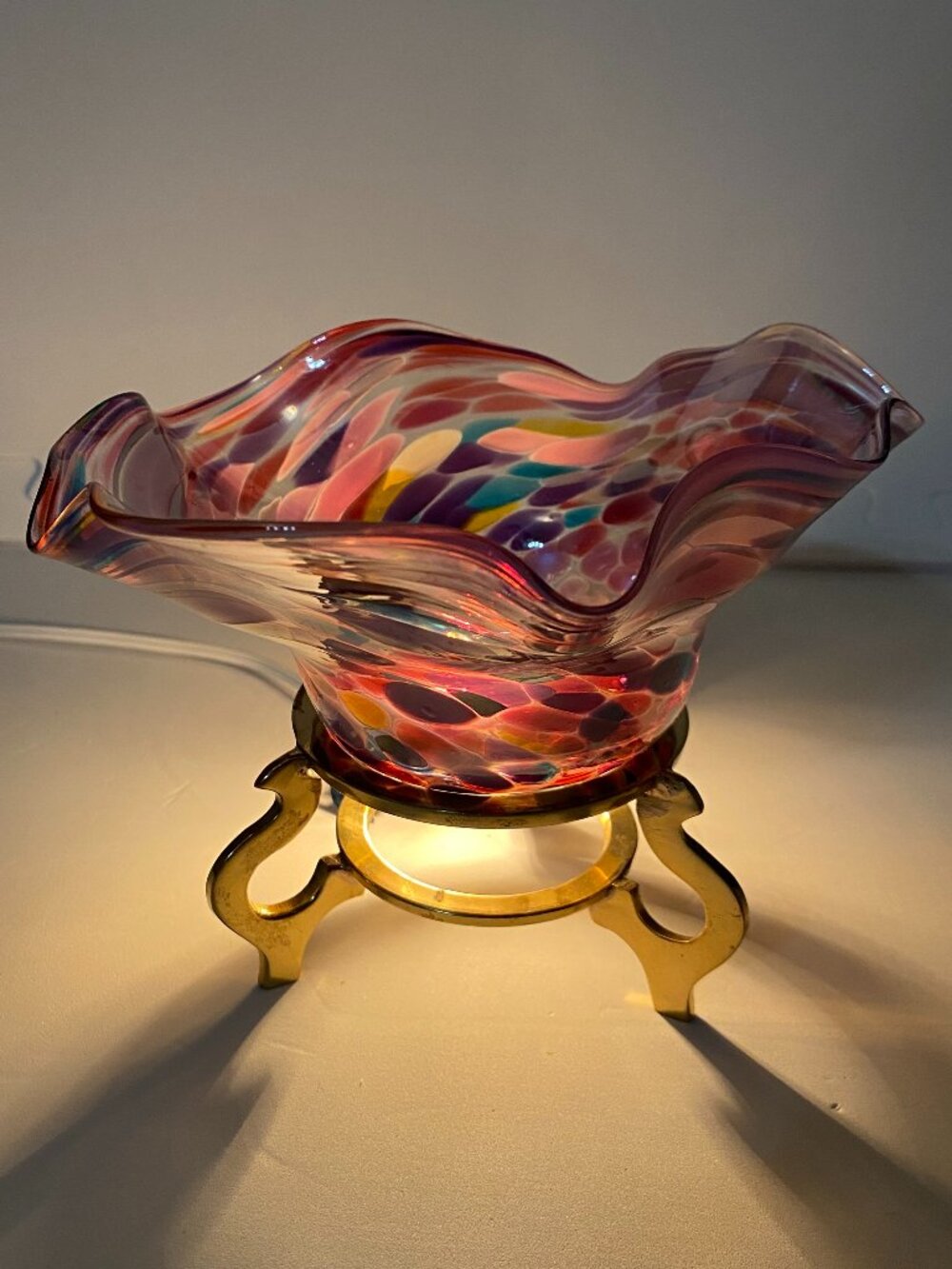 VINTAGE Murano Style Hand Blown Multicolor Confetti Art Glass Bowl Gold Stand 7"